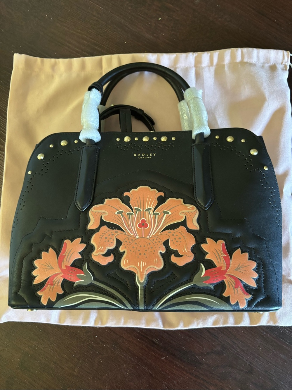 NWT RADLEY LONDON Black Leather Satchel with Peach Floral Appliqué+ dust cover